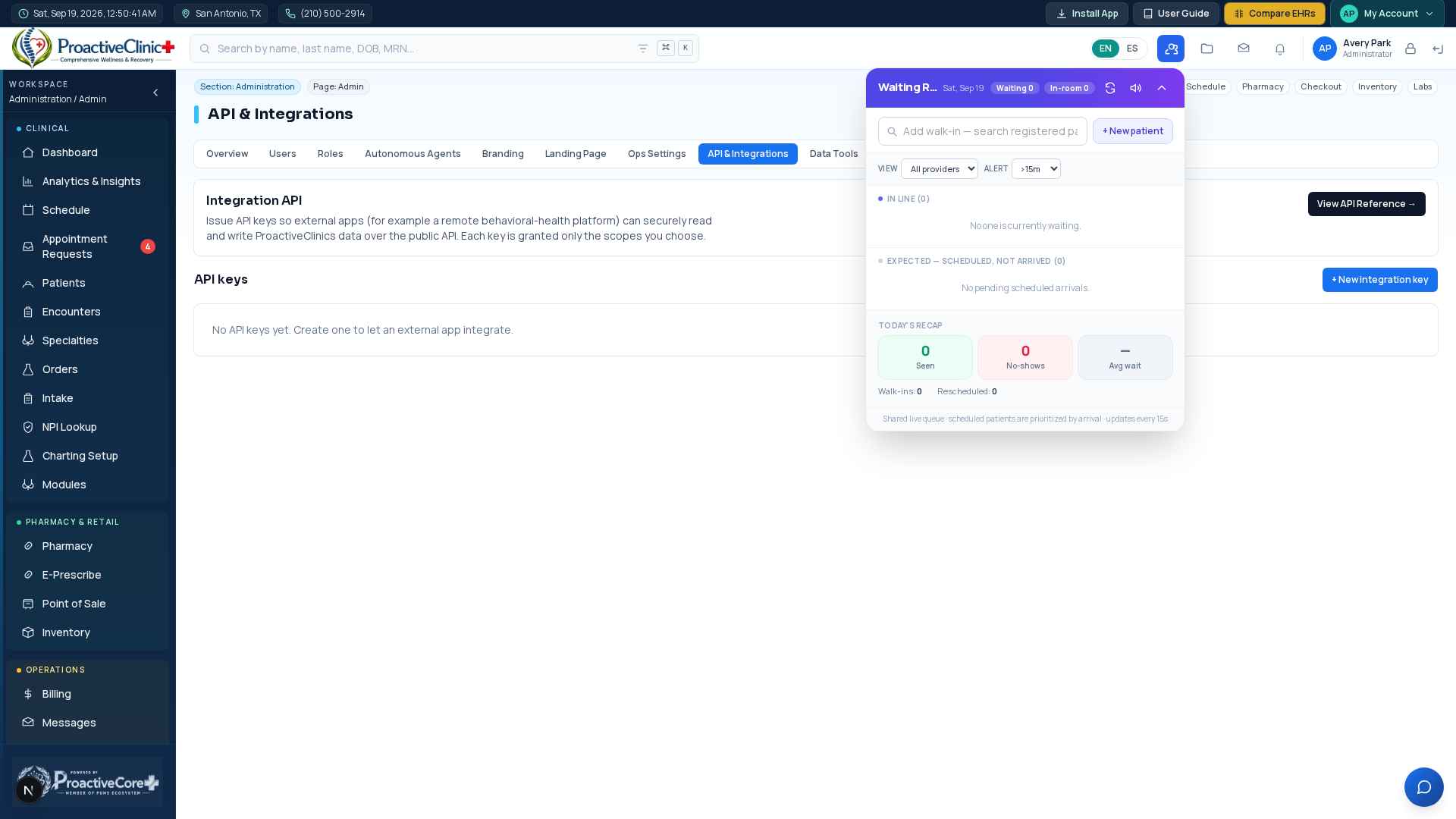 Admin → API & Integrations: create and manage per-app API keys, with a link to the full API Reference.