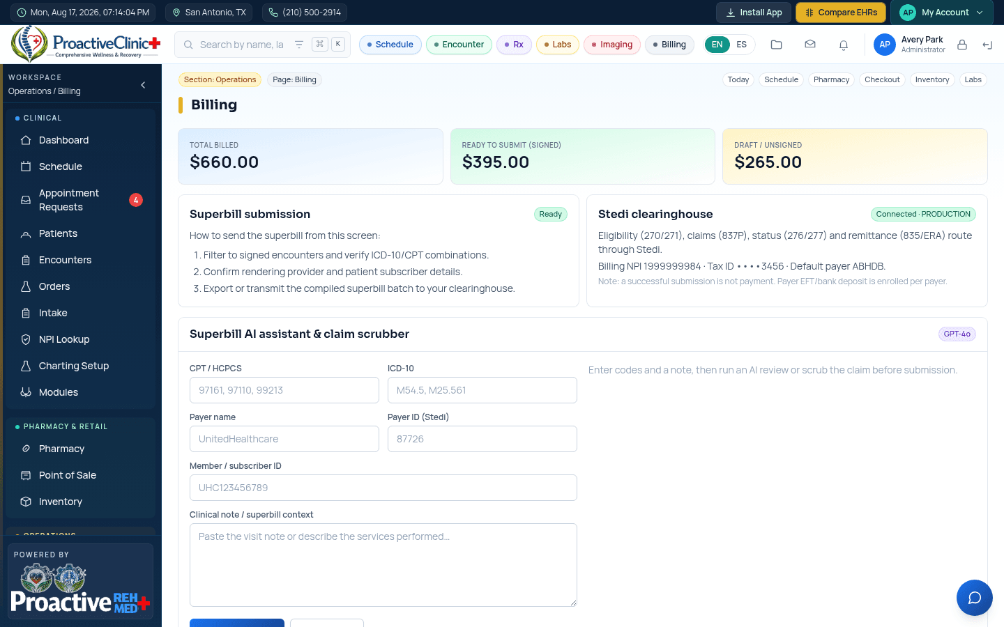 The Billing workspace — balances, statements and links to the revenue cycle.