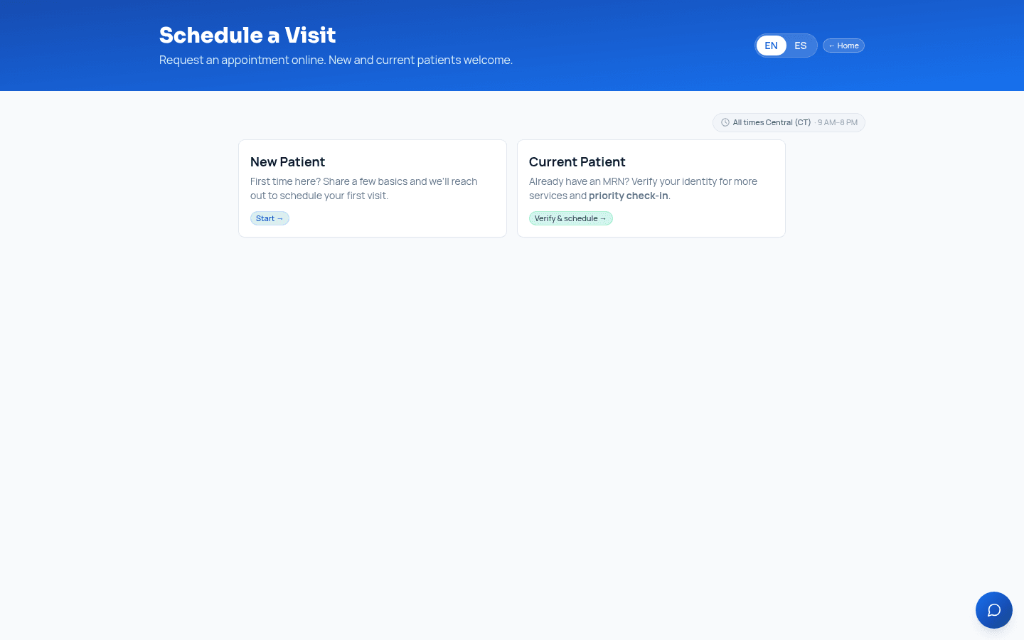 The public booking page — new and current patients request appointments.