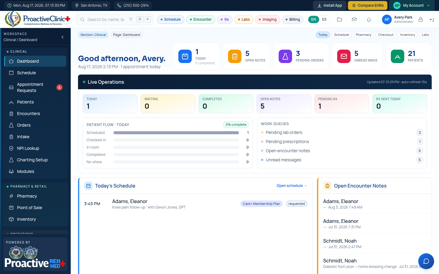 Dashboard KPIs, Live Operations panel, today's schedule and open notes.