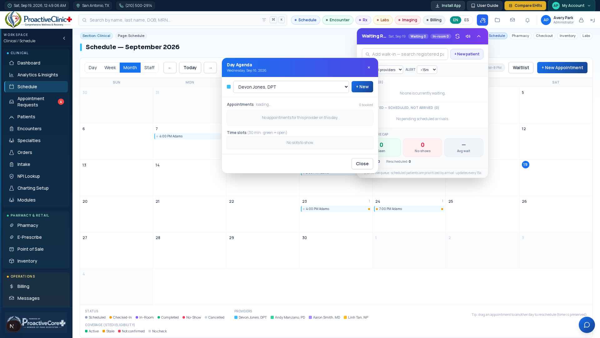 The Day Agenda widget — provider-colored appointments, open time slots, and one-click waitlist offers.