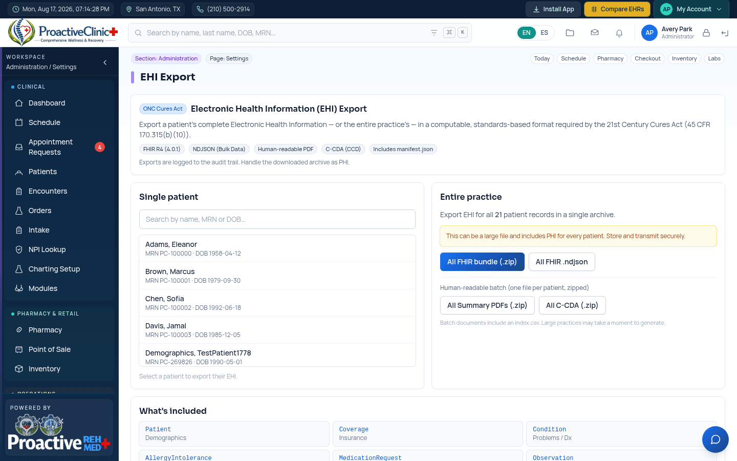 EHI Export — human-readable (PDF / C-CDA) and machine-readable (FHIR) formats.