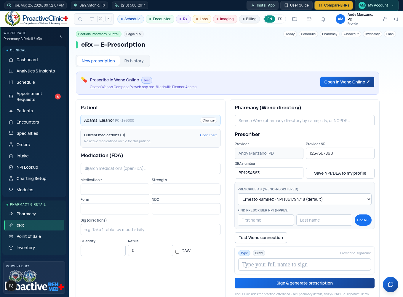 The eRx module: embedded Weno EZ ComposeRx, structured pharmacy search, the “Prescribe as” picker, NPI lookup and Test Weno connection.