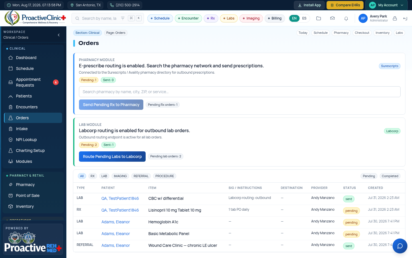 The Orders workspace with type/status filters and routing controls.