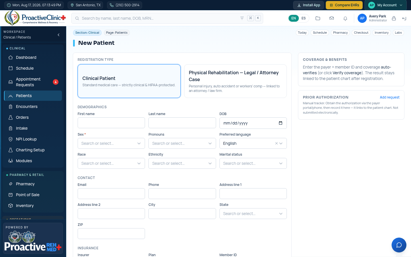 New patient registration with insurance and automatic coverage verification.