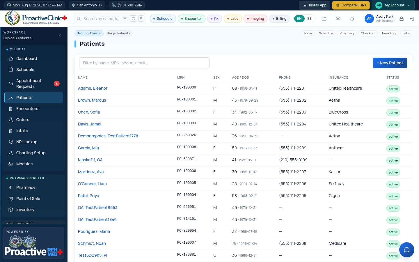 The Patients list — search and open any chart.