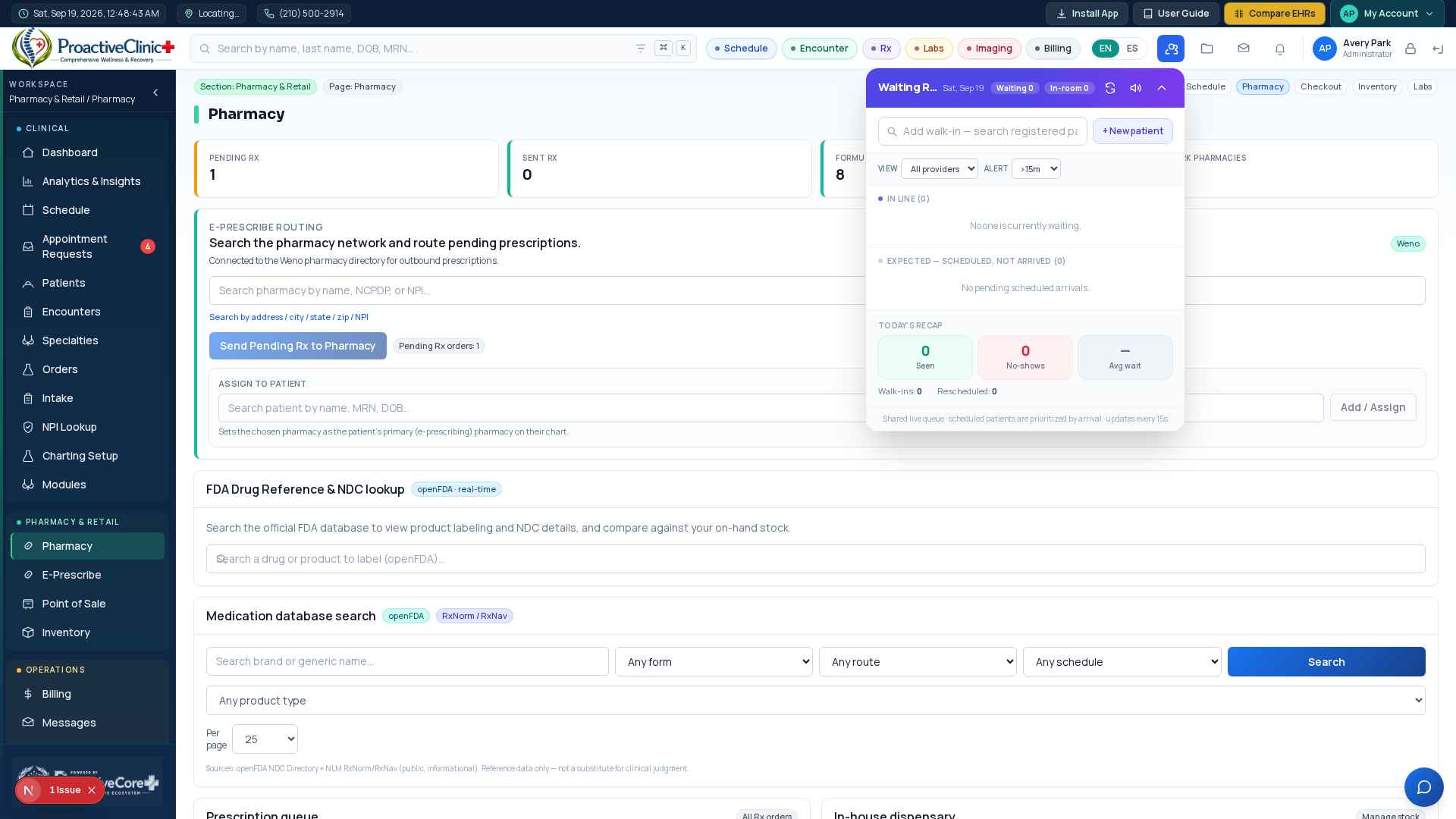 Pharmacy → E-prescribe routing: recently-used quick-picks, Send Pending Rx, and Assign to patient.