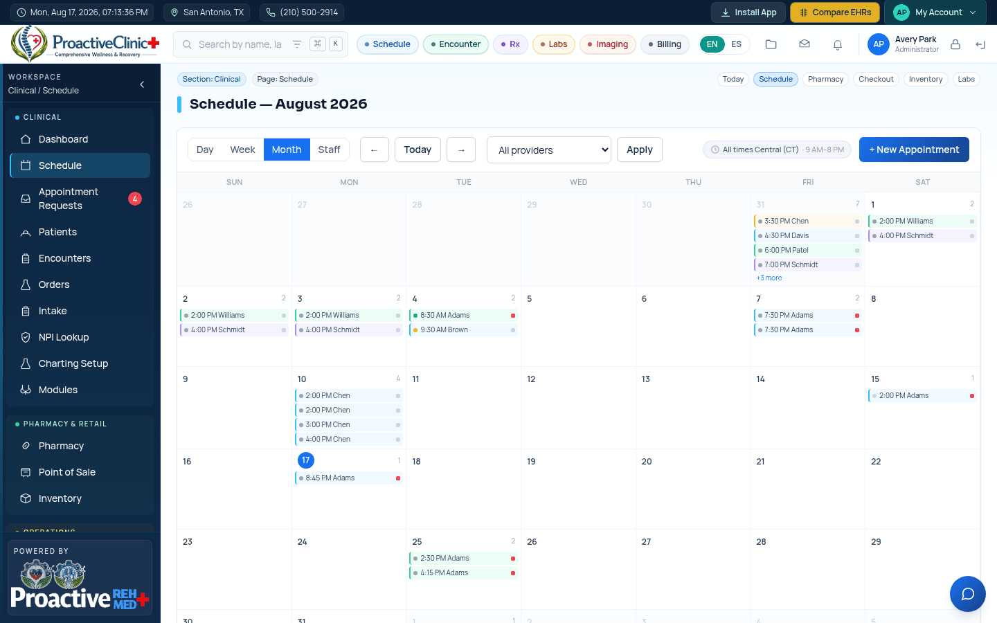 Month view with color-coded providers, status legend and the New Appointment button.