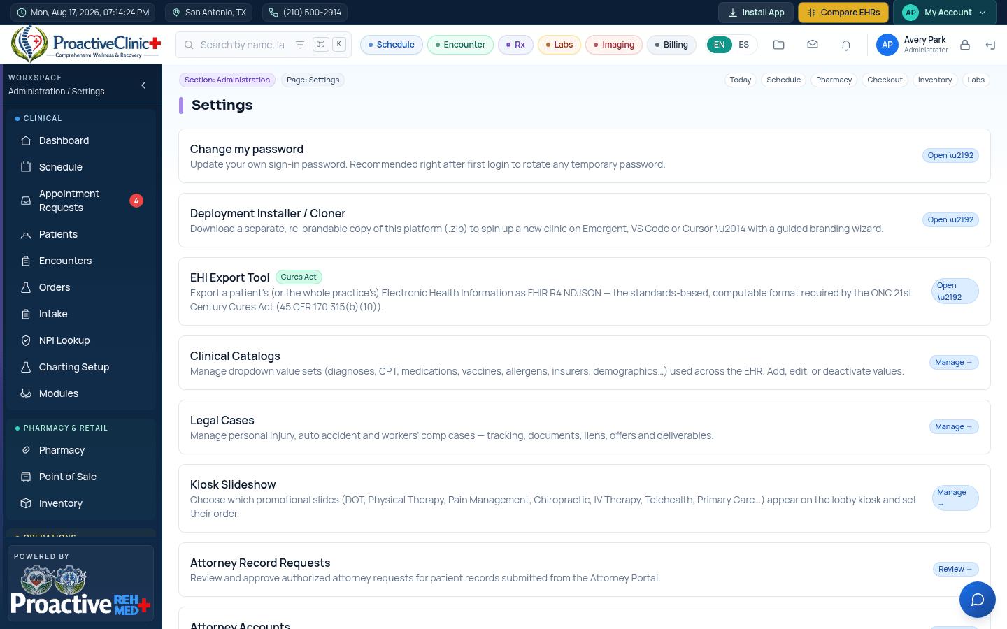 The Settings hub — configuration, catalogs, integrations, EHI export and admin tools.