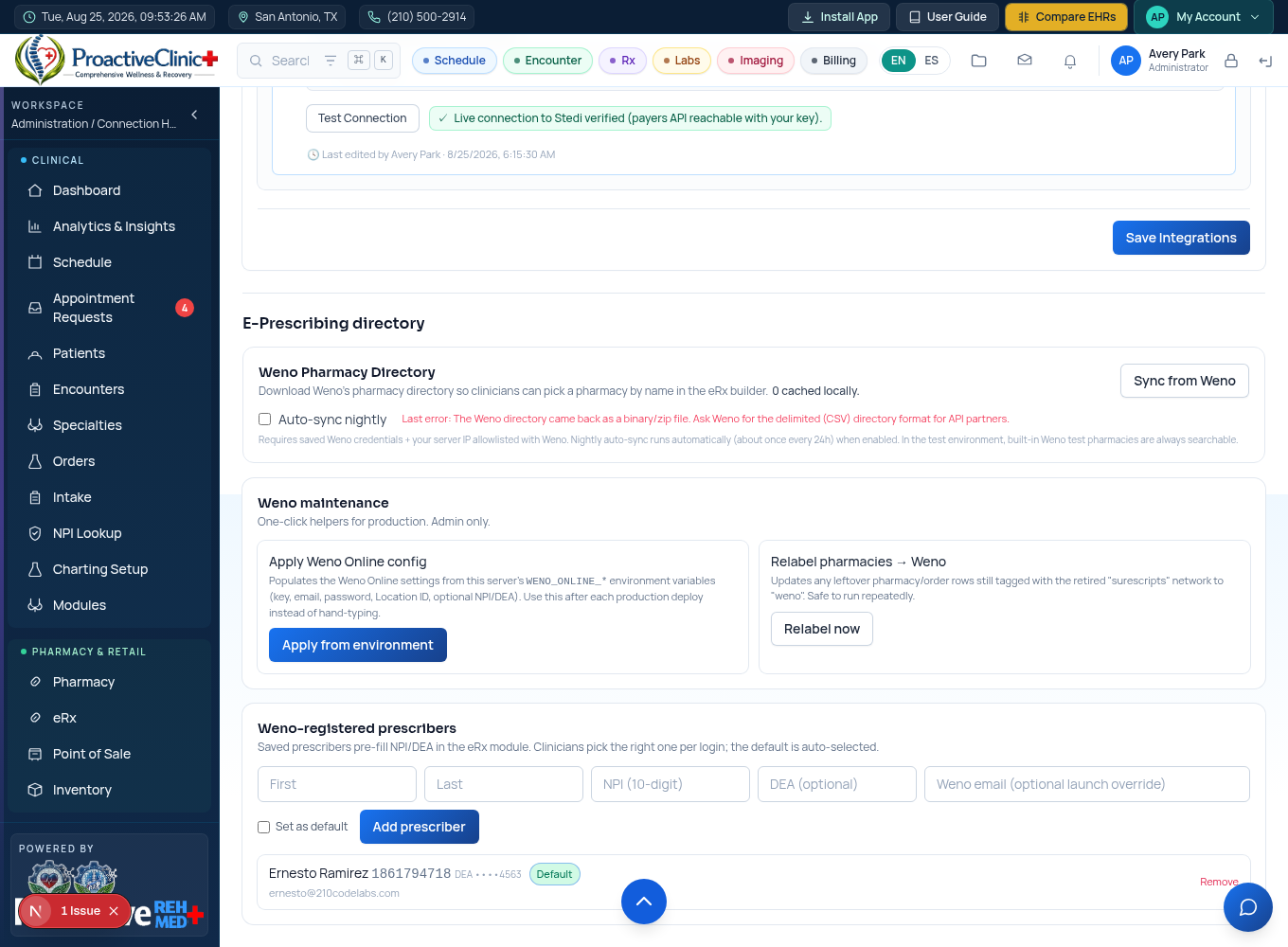 Admin Connection Health: Weno directory sync, one-click maintenance, and the registered-prescriber directory.